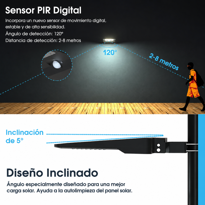 Luz LED Solar de 20W con Sensor de Movimiento PIR