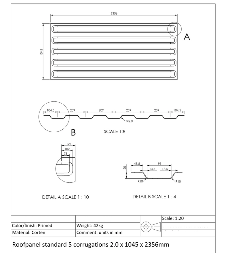 Panel de Techo de 5 Ondulaciones para Contenedores Marítimos – Perfil Estándar 1045 mm × 2360 mm
